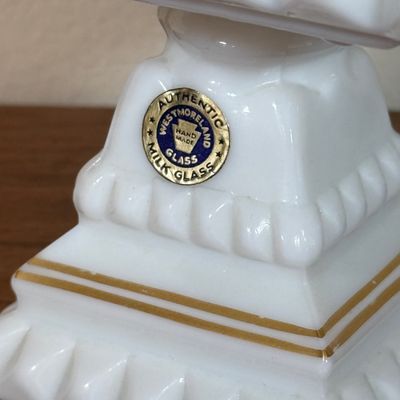 LOT 20F: 1950s/60s Westmoreland Hand Painted Milk Glass: Footed Round Trinket Dish & Square Pedestal "Wedding Cake"...