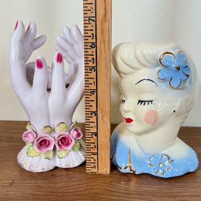 LOT 38F: Vintage Lefton China Lady Hand Vase & Glamour Girl Lady Head Planter