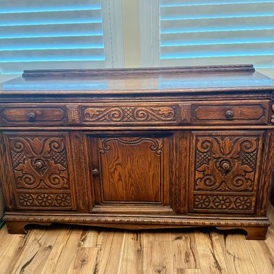 LOT 19F: 1920s/30s English Jacobean Revival/Tudor Style Carved Oak Sideboard/Buffet