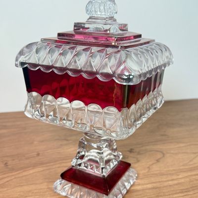 LOT 12F: 1950s Westmoreland Glass Cranberry/Ruby Flash Square Wedding Box & Vintage Cranberry Bohemian Glass Flash Cut-to-Clear Tulip...