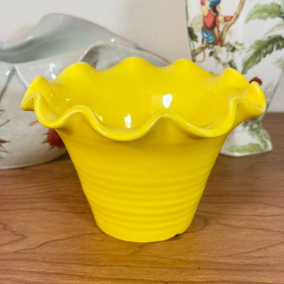 LOT 55F: Vintage Pottery: Yellow Haeger Ruffle Edge Bowl, Burton & Burton Jungle Vase & Hand Painted Fold Edge Bowl w Leaves