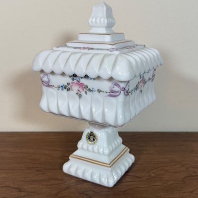LOT 20F: 1950s/60s Westmoreland Hand Painted Milk Glass: Footed Round Trinket Dish & Square Pedestal "Wedding Cake"...