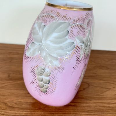 LOT 16F: Antique Charleton Hand Painted Pink Milk Glass Round Vase 4896 (9")