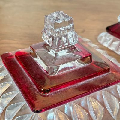 LOT 12F: 1950s Westmoreland Glass Cranberry/Ruby Flash Square Wedding Box & Vintage Cranberry Bohemian Glass Flash Cut-to-Clear Tulip...