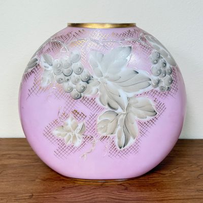 LOT 16F: Antique Charleton Hand Painted Pink Milk Glass Round Vase 4896 (9")