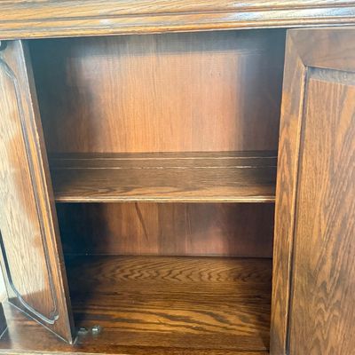 LOT 23F: 1920s/30s English Jacobean Revival/Tudor Style Carved Oak Bar Cabinet
