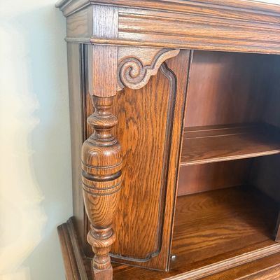 LOT 23F: 1920s/30s English Jacobean Revival/Tudor Style Carved Oak Bar Cabinet