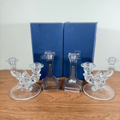 LOT 155F: Three Pairs of Glass & Crystal Candlesticks