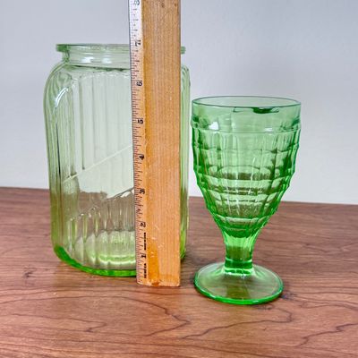 LOT 130F: Vintage Hand Blown Uranium Glass Jar & Goblet