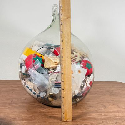 LOT 150F: Glass Terrarium Vase FULL of Tomato Pin Cushions, Buttons & More
