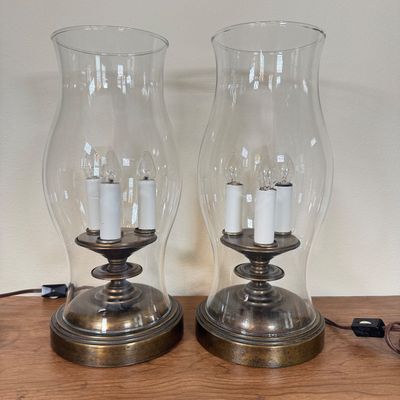 LOT 17F: Pair of Vintage Triple Light Chapman Style Brass & Glass Lamps