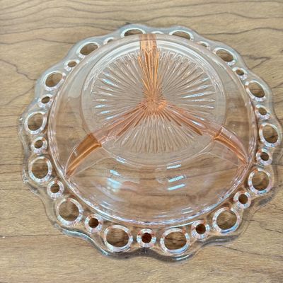LOT 3F: Vintage Pink Depression Glass: Anchor Hocking Old Colony Round Relish Dish, Jeanette Cubist Sugar Bowl & Creamer