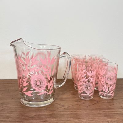 LOT 41F: Mid-Century Glass Pink Floral Pattern Pitcher & 6 Matching Glasses