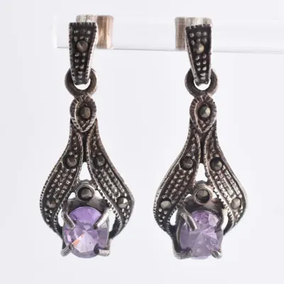 Purple Ornate Sterling Silver Dangle Earrings