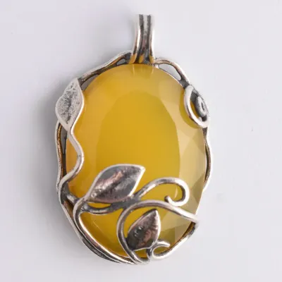 Yellow Agate Cabochon Sterling Silver Leaf Pendant