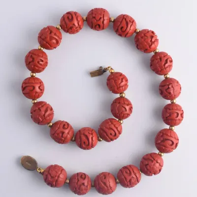 Chinese Cinnabar-Style Sterling Silver Beaded Necklace