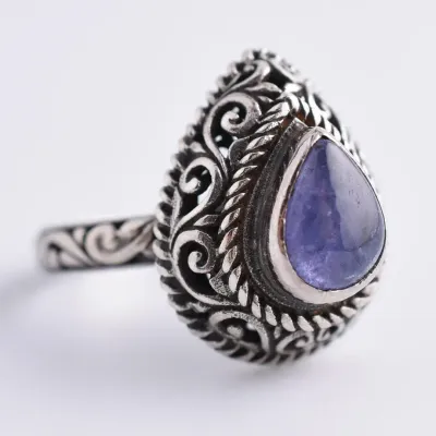 Tanzanite Cabochon Ornate Sterling Silver Ring