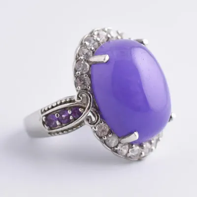 Lavender Jade Cabochon, White Topaz & Amethyst Sterling Silver Halo Ring