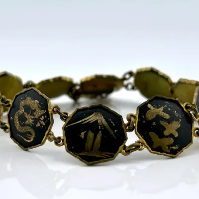Black & Gold Tone Panel Link Bracelet 