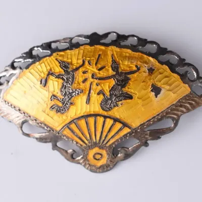 Vintage Thai Sterling Silver Yellow Enamel Fan Brooch