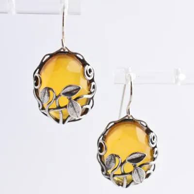 Yellow Agate Cabochon Sterling Silver Leaf Dangle Earrings