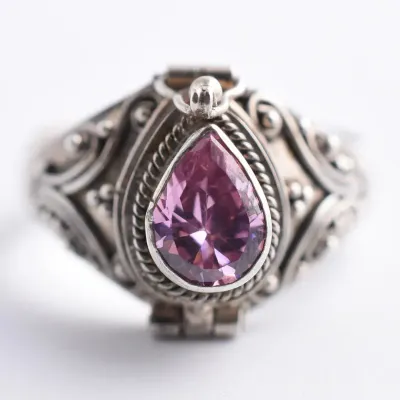 Pink Ornate Sterling Silver Poison Ring