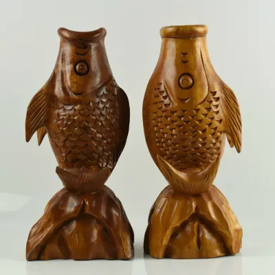Chinese Carved Wooden Koi Fish Vase Pair
