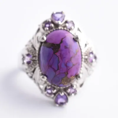 Purple Turquoise Cabochon & Amethyst Ornate Ring