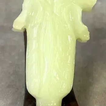 Chinese Hand Carved Green Jade Cabbage Sculpture w/ Wooden Display