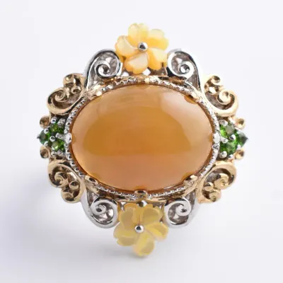 Agate Cabochon, Chrome Diopside & Mother Of Pearl Sterling Silver Ring
