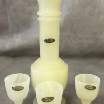 Vintage Chinese Hand-Carved Pale Green Onyx Sake Decanter & Stemmed Glasses Set