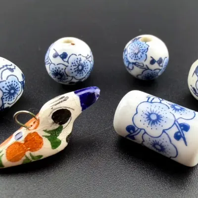 Vintage Chinoiserie Ceramic Beads And Ceramic Bird Pendant
