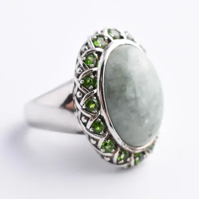 Jadeite Cabochon & Chrome Diopside Ornate Sterling Silver Ring 