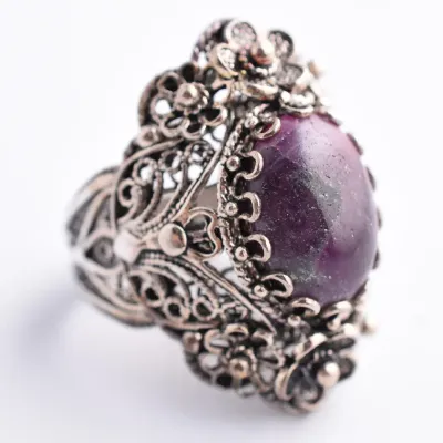 Ruby Cabochon Sterling Silver Filigree Ring 