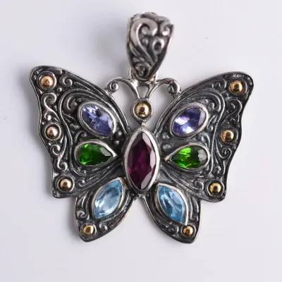 Multi-Gem Sterling Silver & 18k Yellow Gold Butterfly Pendant