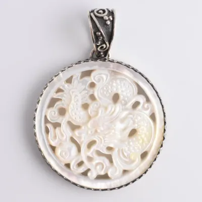 Carved Mother Of Pearl Sterling Silver Dragon Pendant