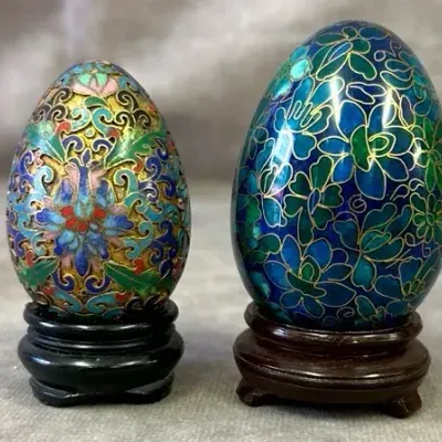 Pair of Cloisonné Decorative Painted Eggs w/ Wooden Display Stands