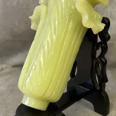 Large Chinese Hand Carved Jade Cabbage Statue w/ Wooden Displaya