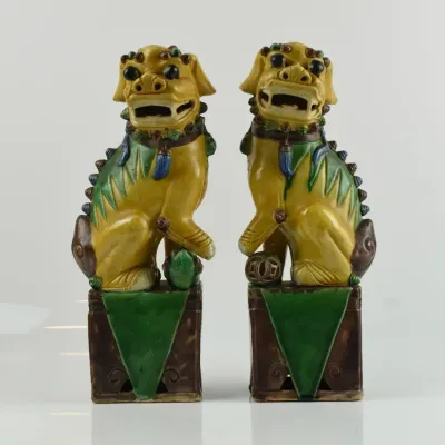 Antique Chinese Sancai Glazed Ceramic Foo Lion Statues
