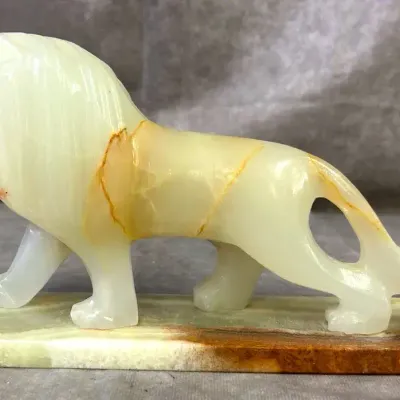 Vintage Carved Onyx Lion Statue Figure on Base