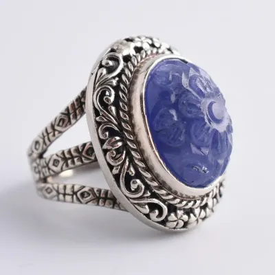 Carved Tanzanite Cabochon Ornate Sterling Silver Ring