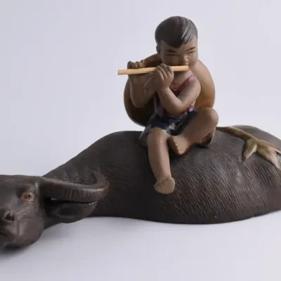 Chinese Ceramic Flute Player & Water Buffalo Figure