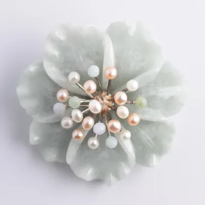 Jadeite & Pearl Sterling Silver Floral Brooch