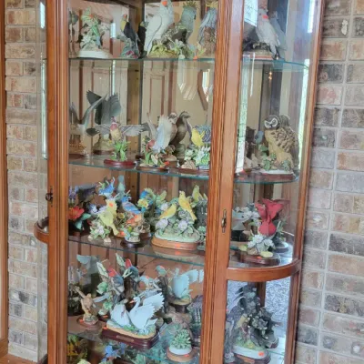 Large curio cabinet with lighting with Andrea by Sadek porcelain birds