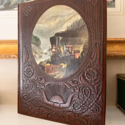Embossed tooled frame with steam locomotive train print