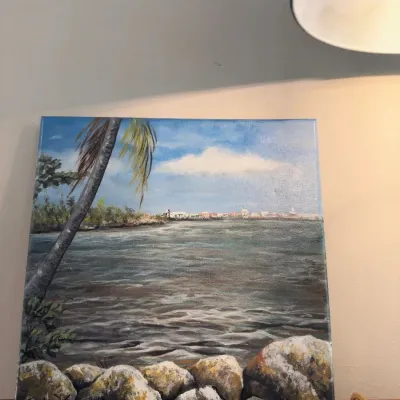 Tropical seascape painting on canvas, palm tree and rocky shore