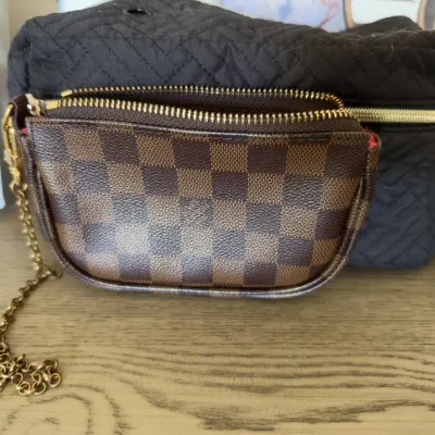 Brown checkered canvas mini pouch with gold chain, black quilted bag
