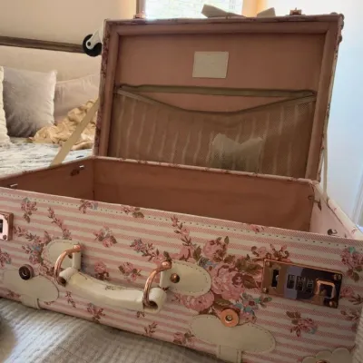 Pink floral striped vintage style suitcase trunk