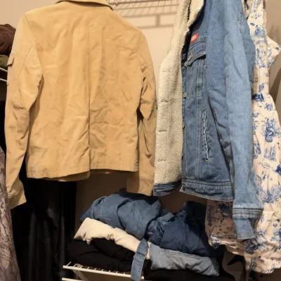 Dickies sherpa-lined denim jacket, tan suede jacket, jeans
