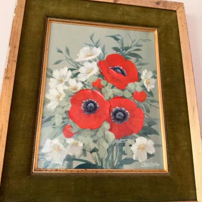 Vintage red poppy floral painting, green velvet liner, gold frame